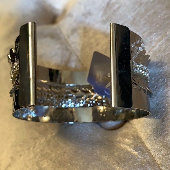 Silver colored cuff bracelet w double crystal rows - Picture 3 of 7